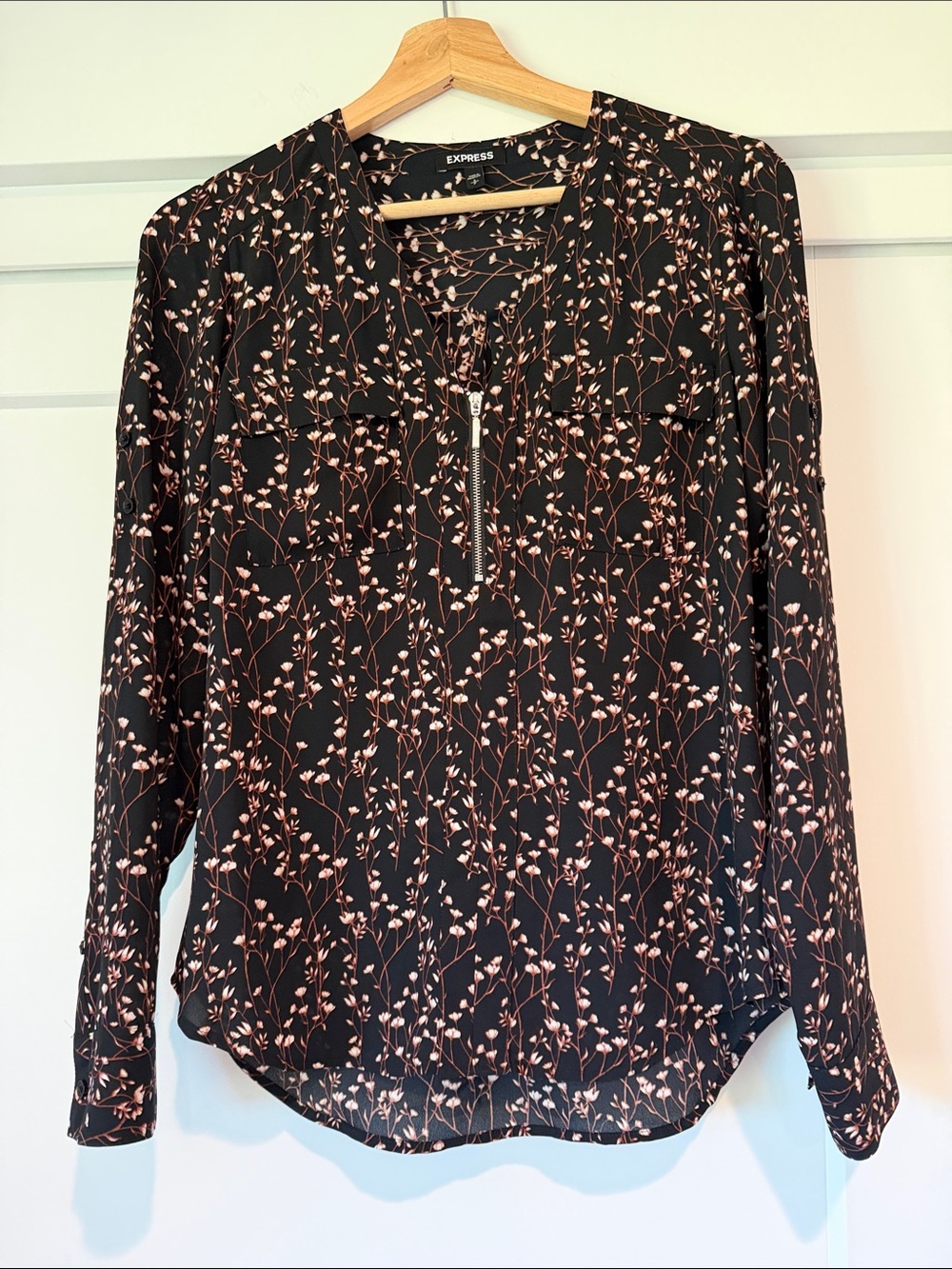 Express Black Long-Sleeve Blouse with Pink Floral Print and Zip Neck